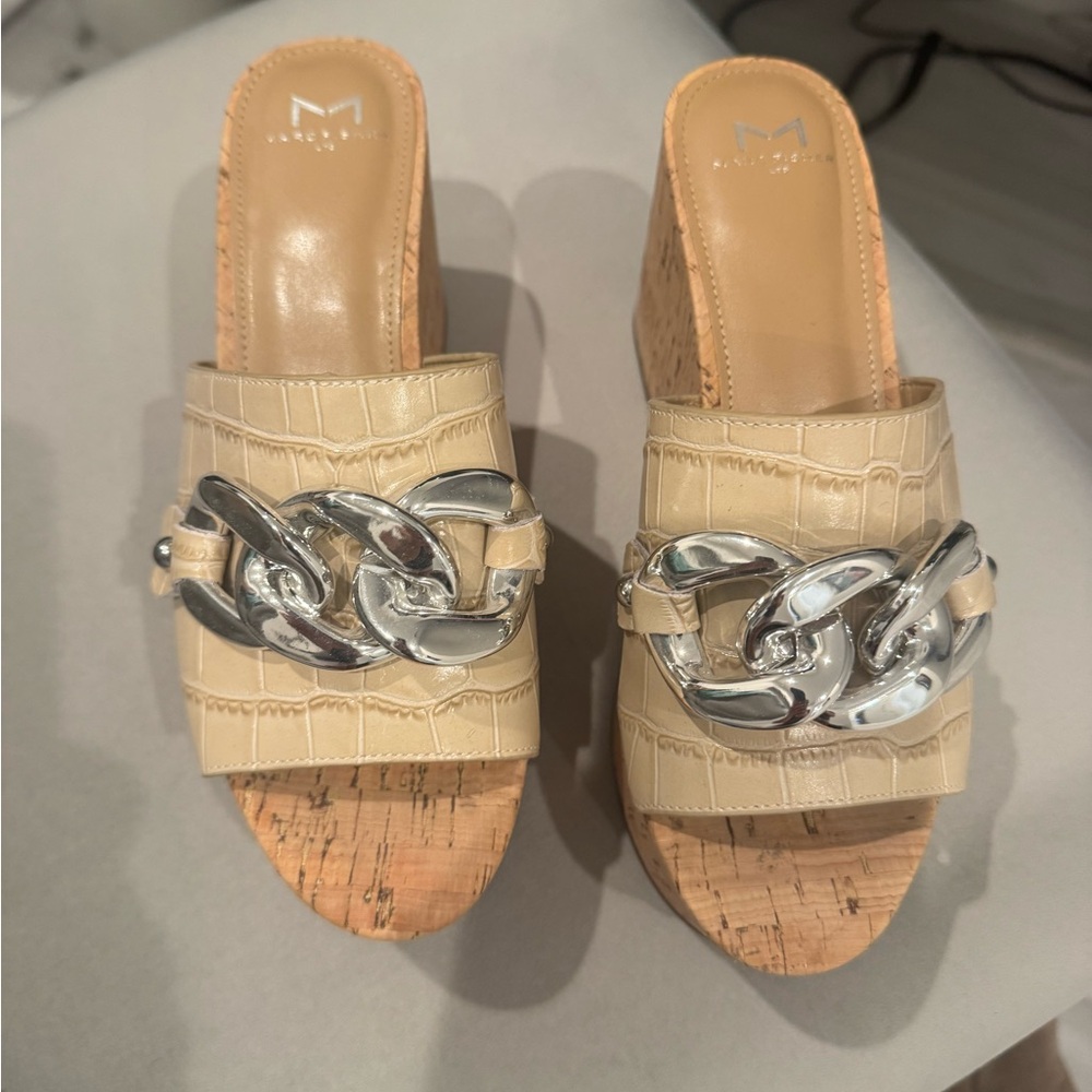 Marc Fisher Cream and Silver Wedge Sandals